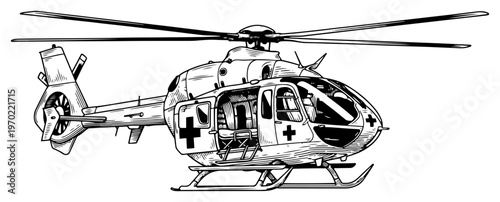 Medical evacuation helicopter with red cross emblem in vintage hand drawn engraving style