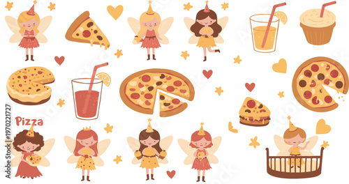 Whimsical fairy garden landscape elements and characters illustration