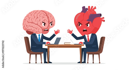 An angry anthropomorphic brain and heart, both in suits, are seated at a table with laptops, raising their hands and arguing intensely while facing each other.
