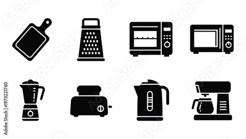 A collection of black kitchen appliances including a blender toaster and microwave presented as a silhouette high quality professional detailed modern