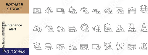 Minimal line style maintenance alert icons set featuring warning, system error, repair, and technical support symbols. Clean editable stroke vector icons perfect for UI, apps, dashboards, and web desi