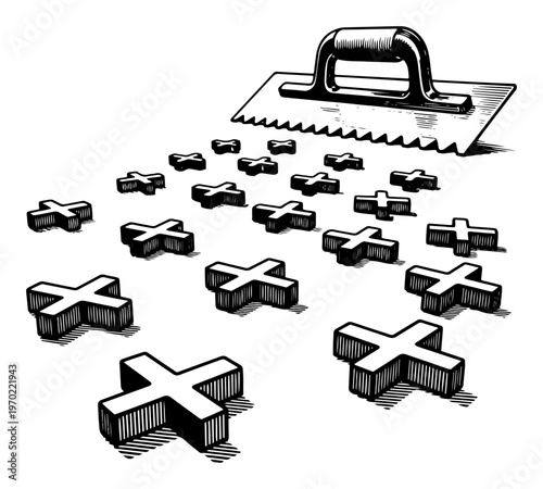 Professional notched trowel and tile spacers for construction in detailed hand drawn engraving style