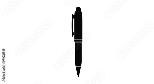 A simple black silhouette of a classic ballpoint pen presented on a stark white background silhouette high quality