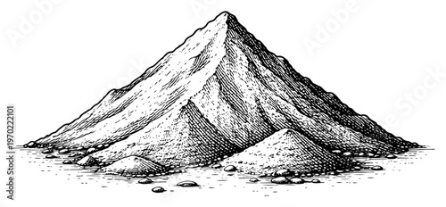 Large pile of construction sand or gravel material in detailed hand drawn engraving style