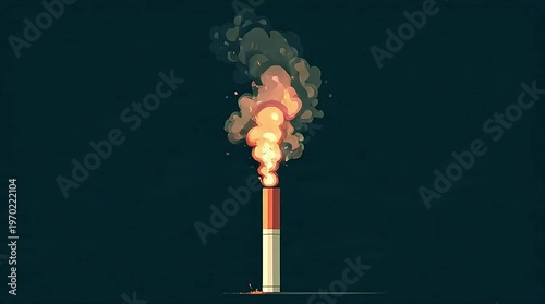 A burning cigarette with a plume of smoke rising against a dark background, illustrating the act of smoking.