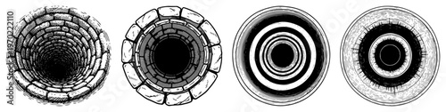 Collection of stone well and tunnel openings in vintage engraving style