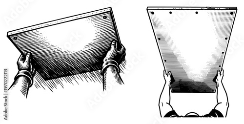 Hands holding and installing a ceiling panel or construction sheet