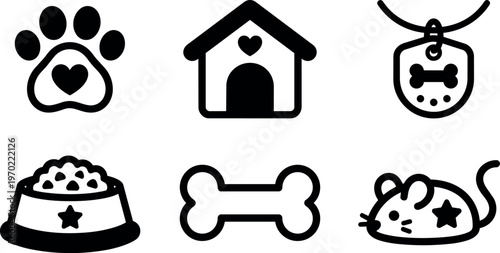 Black and white pet icons with paw house bone and mouse