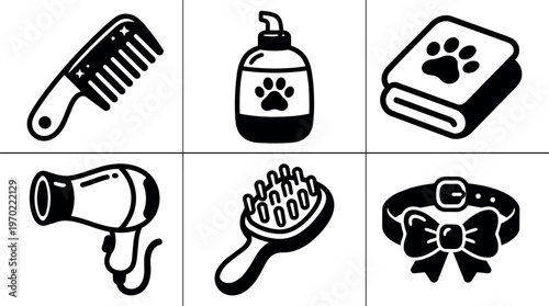 Black and white pet grooming icons comb shampoo book hairdryer brush collar bow