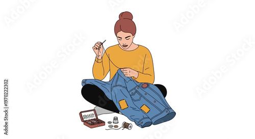 Woman sewing on the floor.