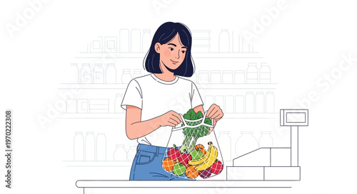 Woman holding colorful grocery bags.
