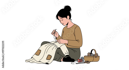 Woman sitting and sewing fabric.