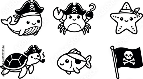 Cute black and white pirate animals whale crab turtle fish starfish with pirate flag vector art