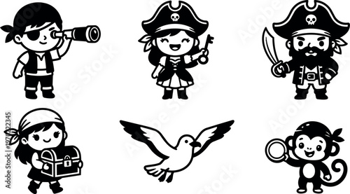 Black and white pirate crew with chest bird and monkey vector art