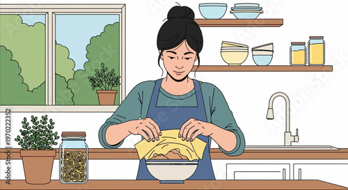 Woman preparing dough on kitchen counter.