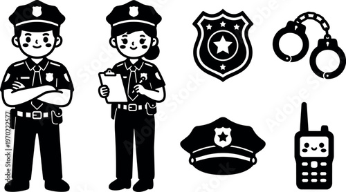 Black and white police officer man and woman with badge handcuffs radio and cap icons