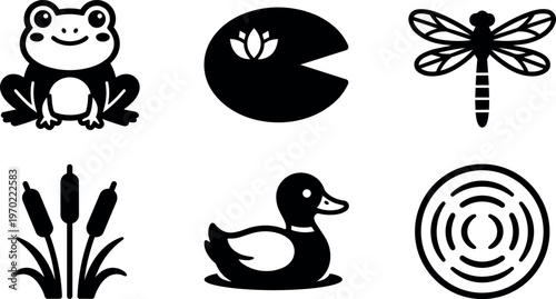 Frog lily pad dragonfly cattail duck and tree stump icons