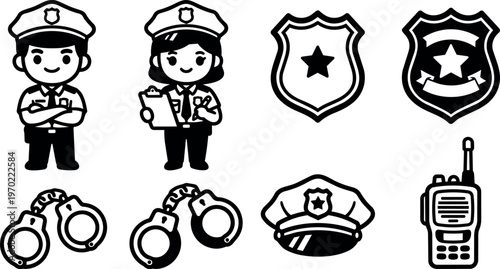 Black and white police officer man and woman with badges handcuffs hat and radio vector art