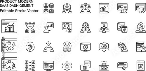 SaaS dashboard and product management line icon set featuring analytics monitoring collaboration tools and data reporting