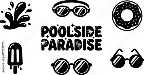 Black and white poolside paradise text with sunglasses donut popsicle and water splash vector art