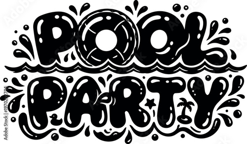 Black and white pool party lettering with water splash and island icons
