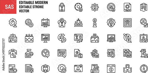 SaaS business management and software service line icon set featuring workflow analytics dashboards automation settings and enterprise tools