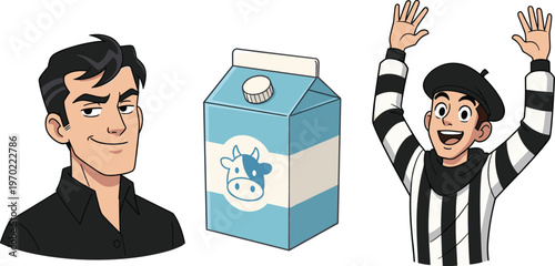 Cartoon characters and milk carton vector illustration, male avatars with expressions, dairy product packaging, flat design isolated on white background
