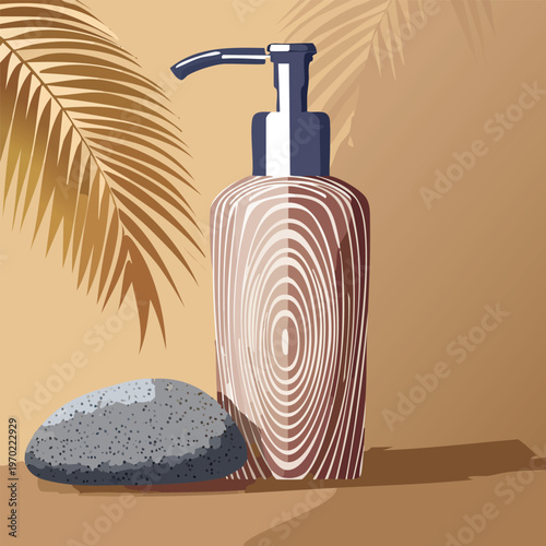 Cosmetic pump bottle and stone with plant shadow vector illustration
