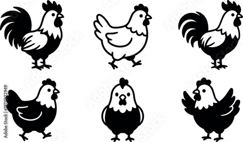 Black and white chicken and rooster vector art set with various poses