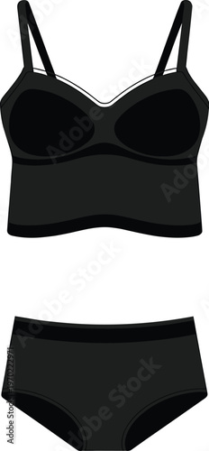 Black women's lingerie set featuring a sports bra top and comfortable matching briefs isolated on white background flat vector illustration for fashion retail design projects.