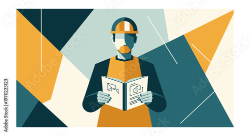 Construction worker reading safety manual in geometric abstract background for occupational health