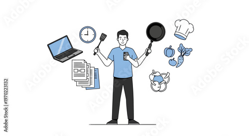 Man juggling multiple task objects.