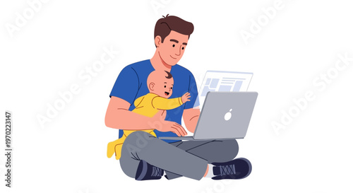 Man holding baby with laptop.