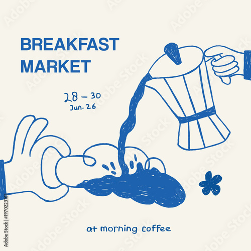 hand drawn moka pot coffee and croissant doodle illustration