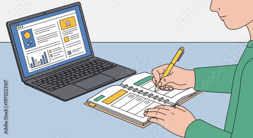 Person writing on notepad with laptop.