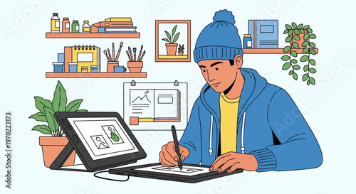 Man using graphics tablet at desk.