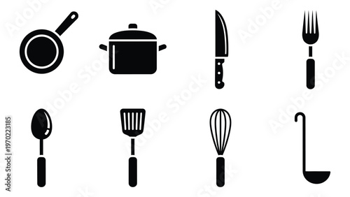 A collection of black kitchen utensils including a frying pan pot knife and spoon depicted as a silhouette high quality professional