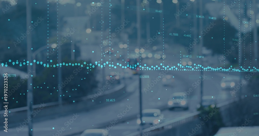 Naklejka premium Displaying teal horizontal dotted waveform overlay across urban highway at dusk, showing numbers