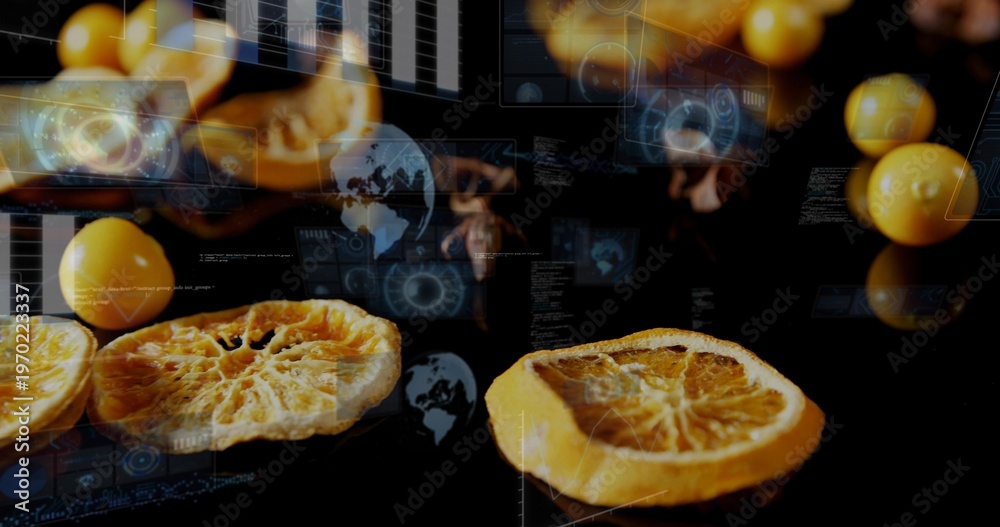Obraz premium Showing two dried citrus slices resting on glossy black top, with yellow fruits and HUD overlays