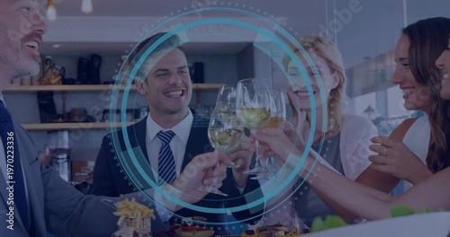 Clinking four colleagues in suits raising wine glasses at restaurant bar, with digital overlay