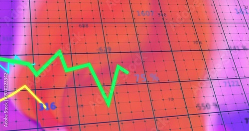 Showing neon green zigzag graph crossing digital chart mid with yellow line, numbers, dotted grid