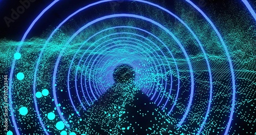 Standing silhouette in cloak advancing into digital tunnel, with neon rings and particle floor