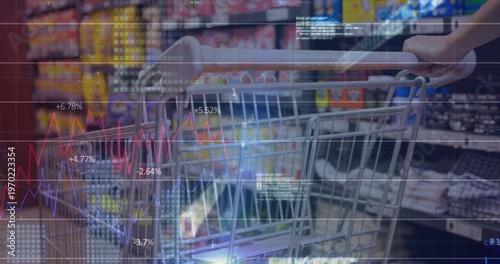 Pushing shopper's short-sleeve arm guiding metal cart down supermarket aisle, with financial charts