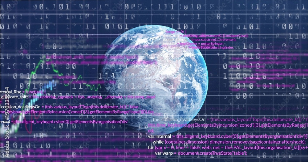 Fototapeta premium Displaying Earth globe rotating in cyber grid, with binary digits, code, magenta bands, green chart
