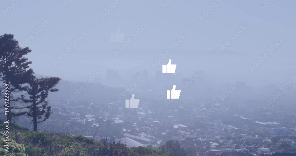 Fototapeta premium Floating white thumbs-up icons hovering over foggy neighborhood from hill, showing pine tree