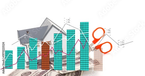 Displaying teal bars in studio showing model house, magenta line, orange scissors cutting dollars