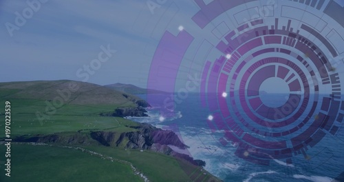 Showing cliffs and pastures meeting shoreline, breaking waves at cliff with purple HUD, copy space