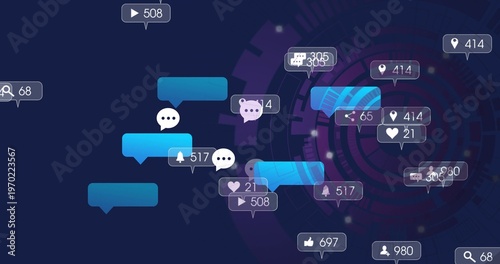 Floating cyan and blue chat bubbles drifting across navy gradient near tech motif, showing badges