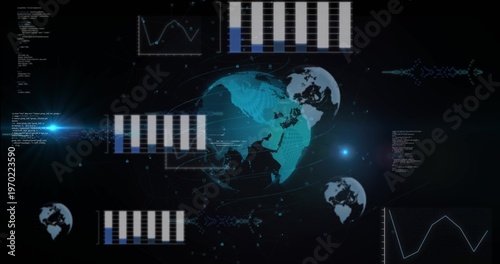 Animating central teal globe orbiting within virtual HUD, with small globes, bar charts