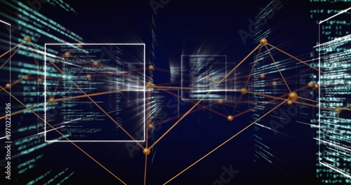 Streaming orange nodes linking with thin lines through deep 3D space, showing code panel, wireframe